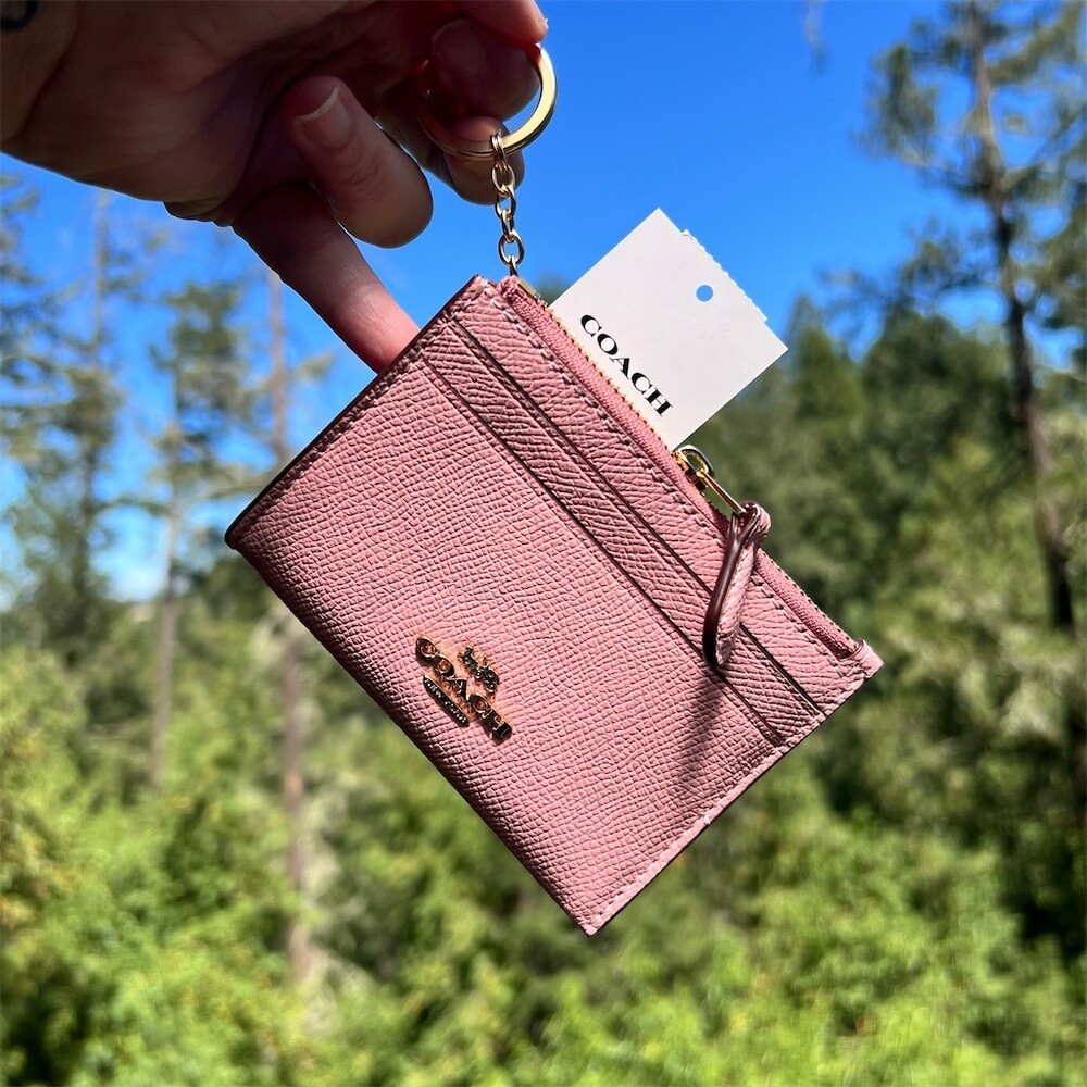 COACH Mini Skinny ID Case Cardholder Keychain Wallet Powder Pink Gold Hardware